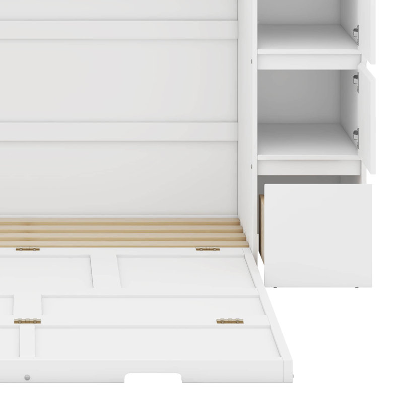Lit escamotable avec tiroirs, armoires et ports USB, Double, Blanc