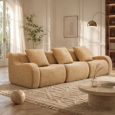 Canapé à 3 places Boneless avec tissu en peluche de haute qualité, conception antidérapante, sans assemblage, accoudoirs courbés et look épuré pour les espaces de vie