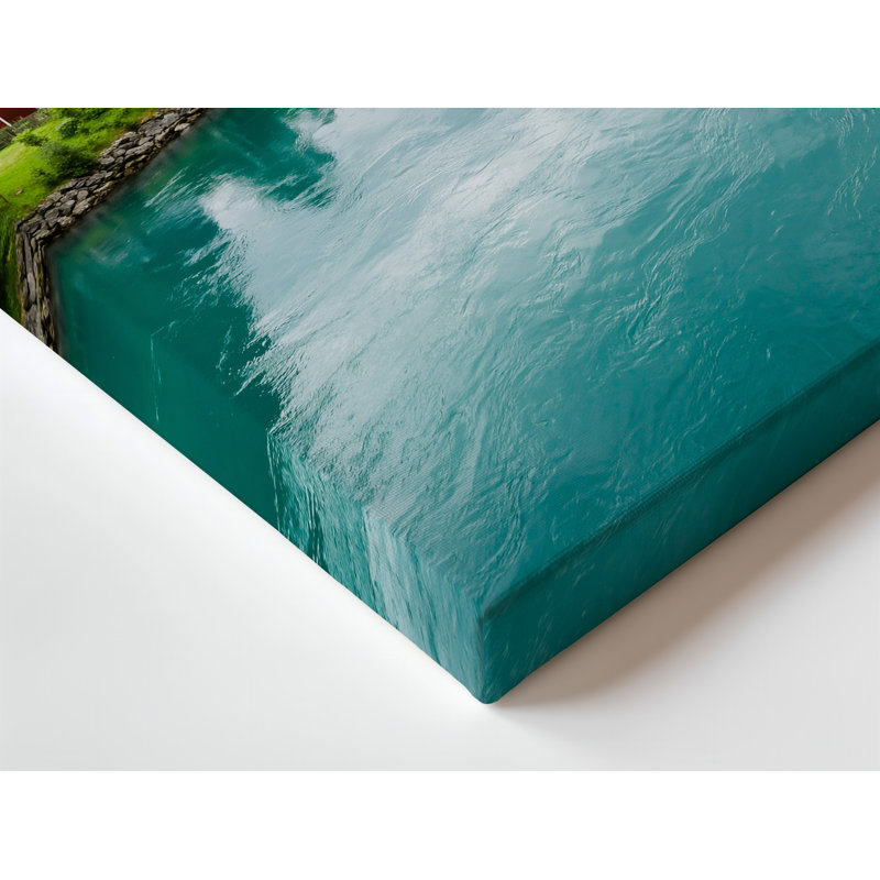 Toile, "Vue panoramique d'un fjords norvégien serein" avec art mural, rivière turquoise qui reflète le ciel nuageux encadré d'une toile