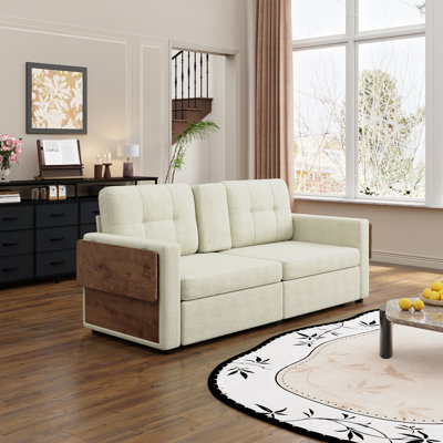 Canapé deux places en chenille beige de 178 cm (70,08 po) avec tiroirs de rangement et tables d'appoint.