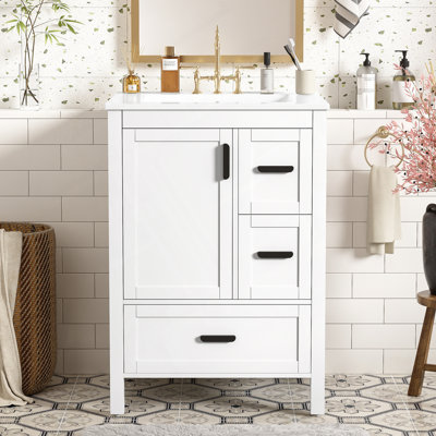 Bathroom Vanity with Ceramic Sink, 3 Drawers and 1 Door, Versatile Storage