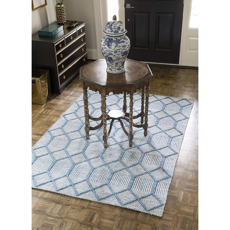 Tapis intérieur / extérieur bleu en laine tressé à la main Shay, Rectangle de 5 pi x 8 pi