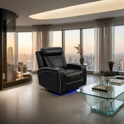 Maple Black Breathable Leather  Leather  Reclining  Chair With Cup-Holders And LED Lights