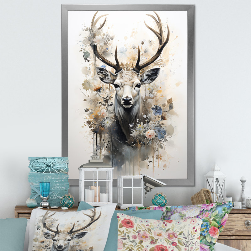 Portrait de cerf noir et blanc I sur toile, H 32 po x l 24 po x P 1 po, Cadre simple argenté