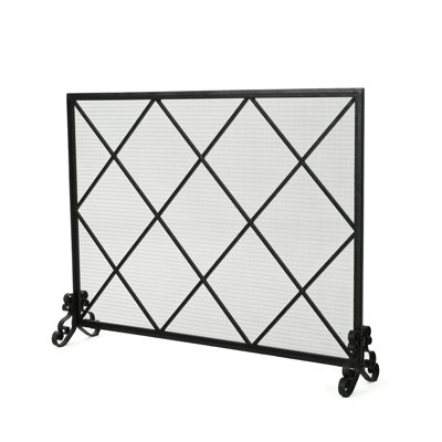 Fireplace Screen Iron - Single Panel, Contemporary Minimalist Style, 42.17" X 8.75" 31.28", Black Panel Modern Style Diamond, Finish