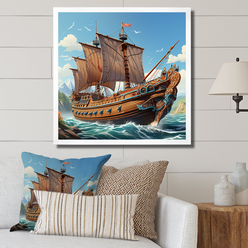 Bateau, voyage viking - Art mural classique, Cadre simple blanc, H 36 po x l 36 po x P 1,5 po