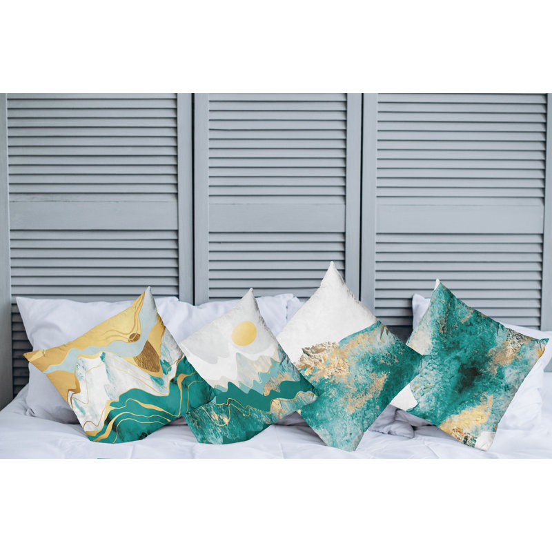 Abstract Reversible Pillow Cover, 20" x 20", Teal/Mustard/Dark Yellow