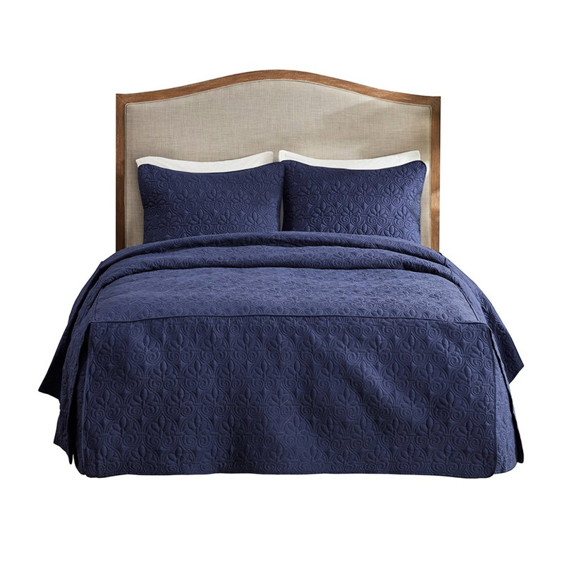 Couvre-lit plissé 3 pièces bleu marine, Grand couvre-lit + 2 taies d'oreiller, Marine