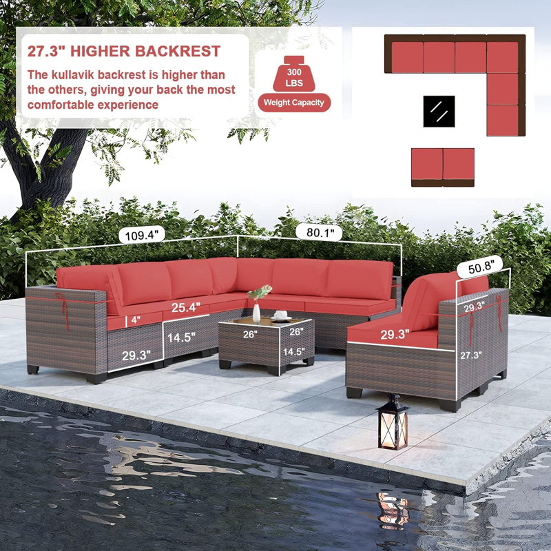 Yasmina 9-Piece Rattan Sectional Seating Group with Cushions And Tempered Glass Table, Red