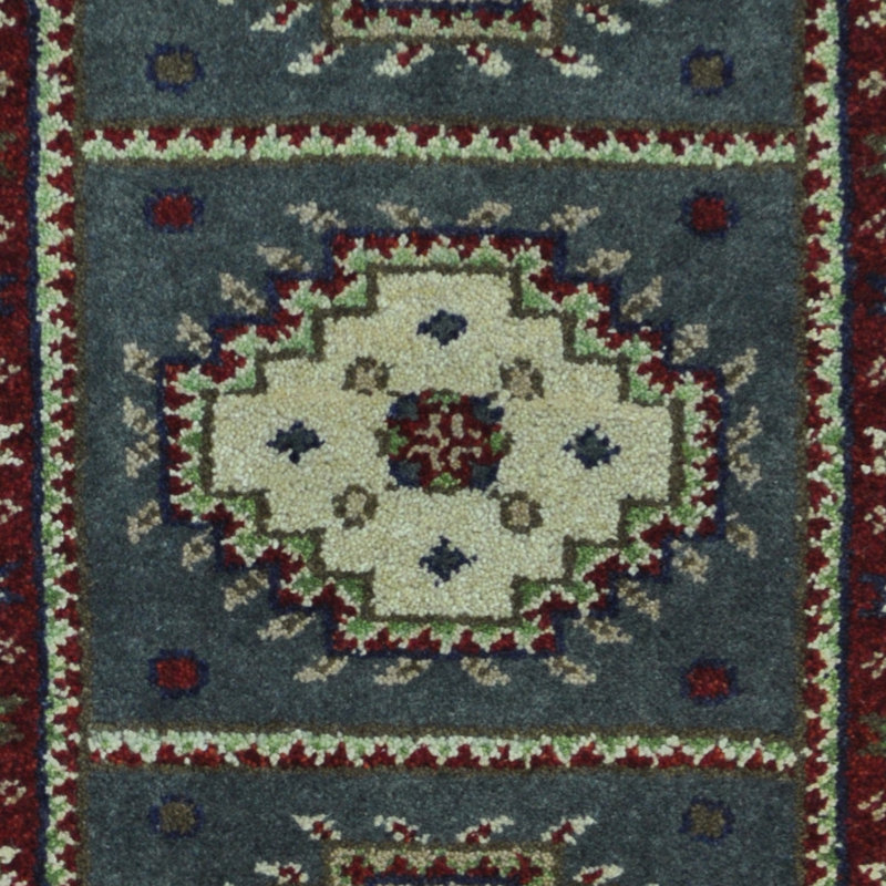 Tapis unique en laine noué à la main rouge / bleu de 2 pi x 4 pi