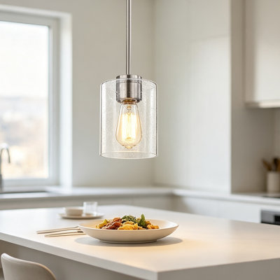 Suspension miniature à une lumière en nickel brossé avec abat-jour en verre transparent bullé, hauteur réglable, intensité variable, câblée