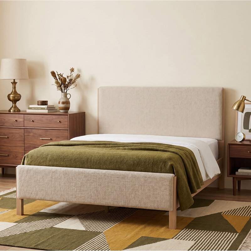 Lit tapissier moderne moderne, double, lin beige, Beige, Full