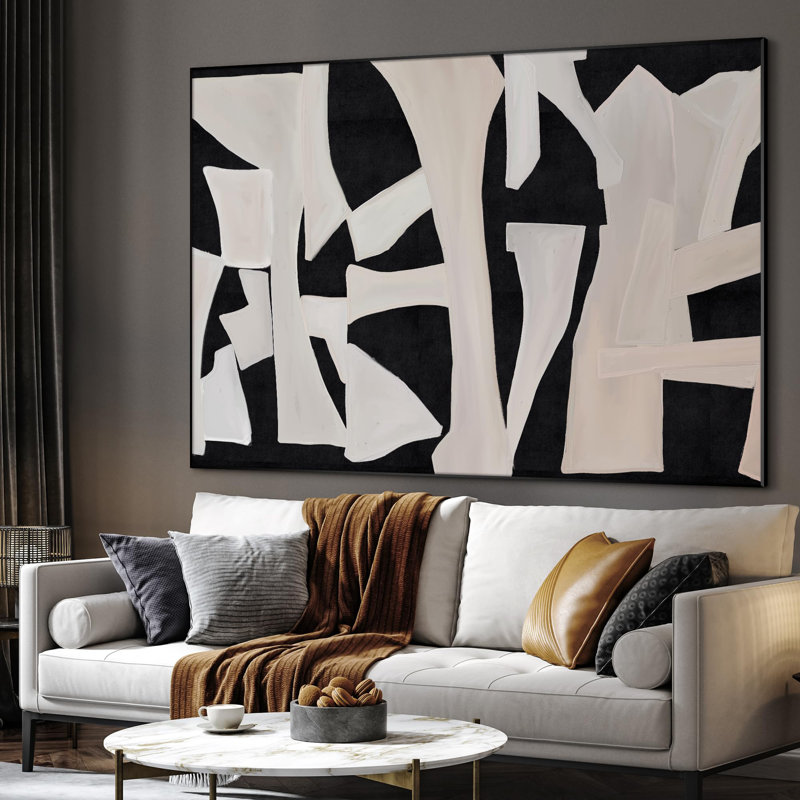 Extra Large Wall Art Fabric Print - Black Cutout Abstract Bold Collage Look Illustration Artwork Decor for Living Room or Bedroom - "Frame Assembly Required (Unfinished Frame)"