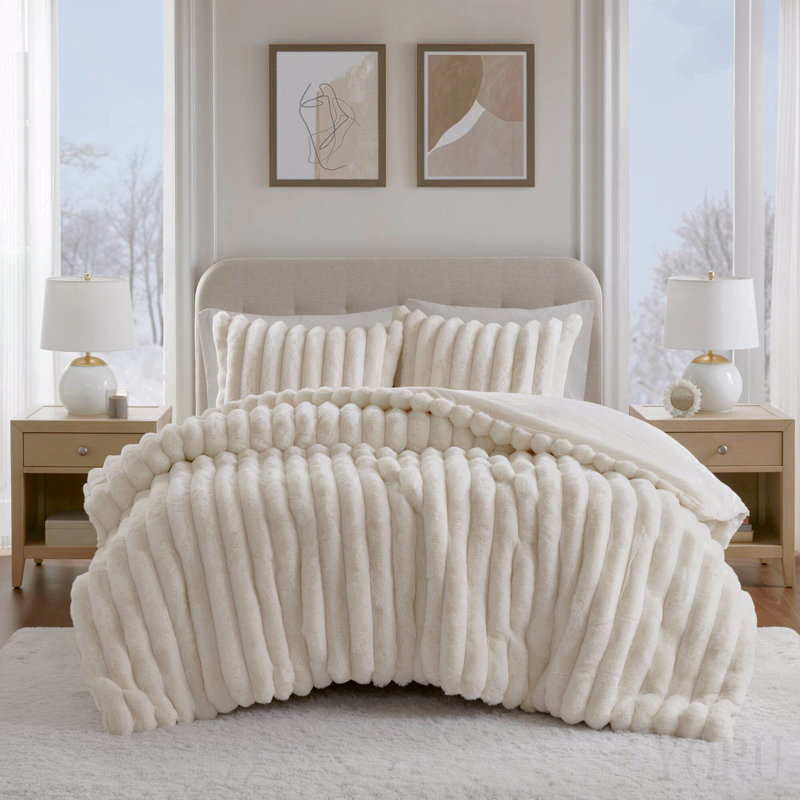 3-Piece King Soft Faux Fur Ribbed Comforter Set,Ivory