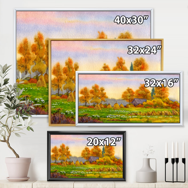Haystacks on Orange Fields I - Peinture sur toile, Toile avec cadre noir, H 12 po x l 20 po x p 1 po