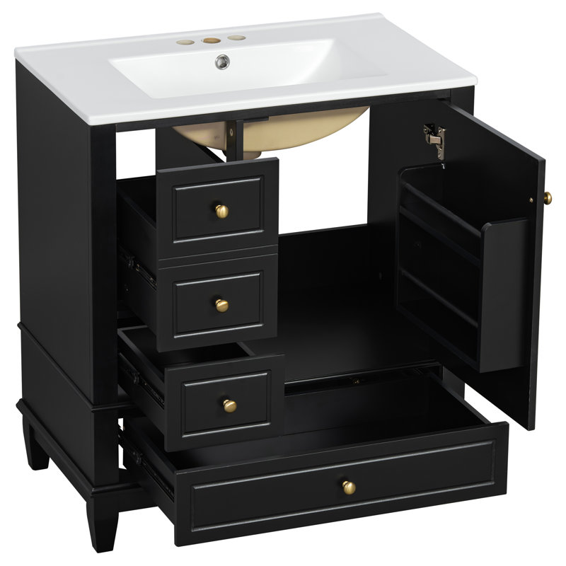 Meuble-lavabo avec lavabo, tablette et tiroirs, Noir, Doré
