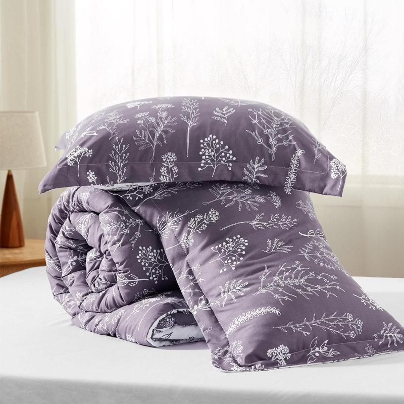 Mignon ensemble d'édredon floral 3 pièces, Mauve gris, Très grand lit