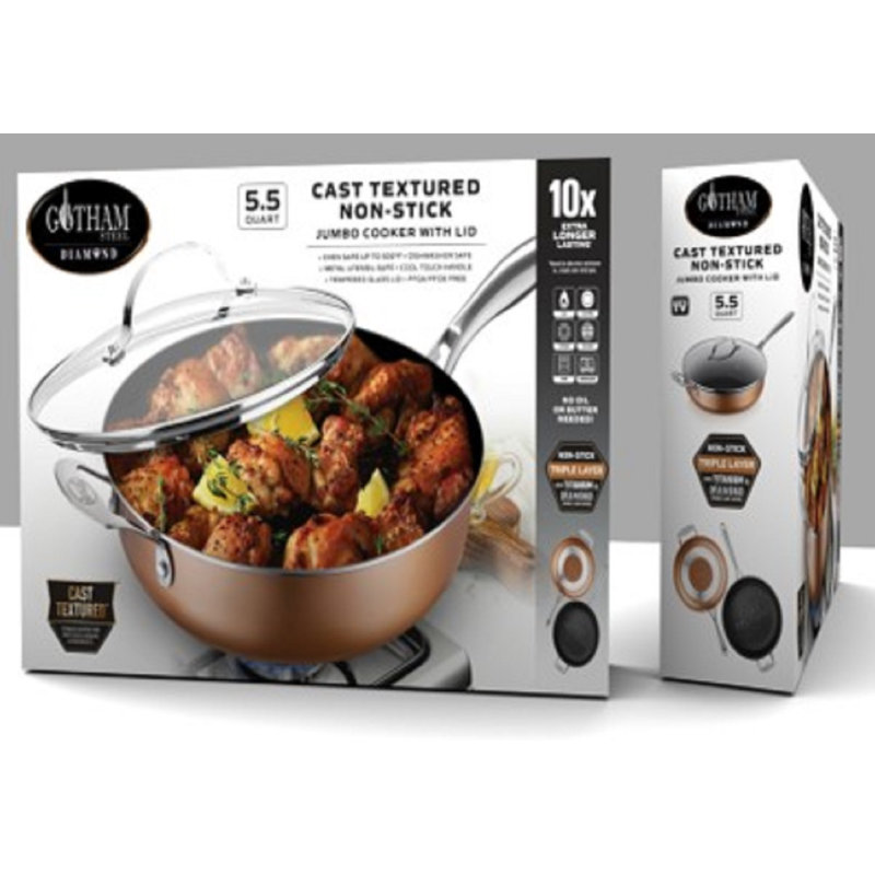 Gotham Steel Copper Cast Textured 5.5 Quart Multipurpose Deep Saute Jumbo Cooker Fry Pan with Glass Lid