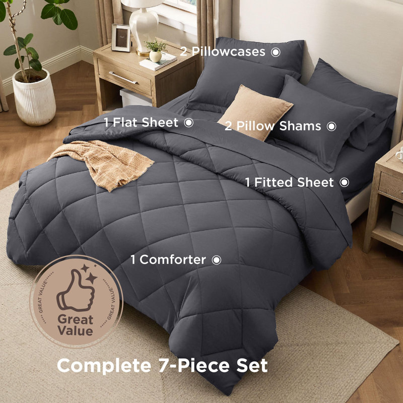 New Arrivals Bedsure Quilted Comforter Sets, Luxury Soft Bed in a Bag, Queen Comforter + 6 Additional Pieces, Dark Gray
