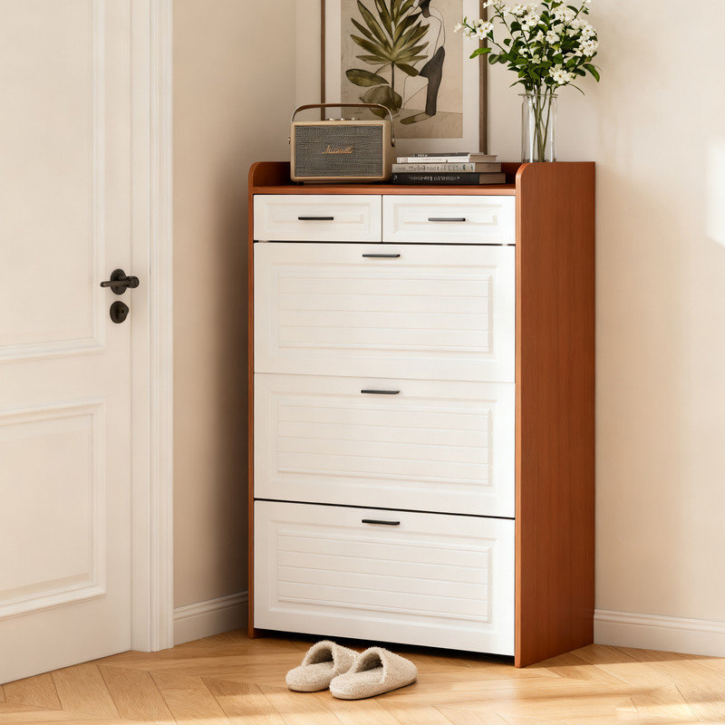 Armoire à chaussures rabattable avec 2 tiroirs, rangement à plusieurs niveaux pour l'entrée et le couloir, Blanc/noyer