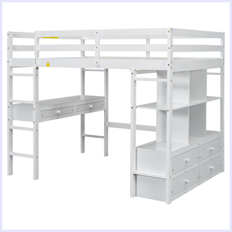 Modern Loft Bed with Built-in Desk with Two Drawers, and Storage Shelves and Drawers