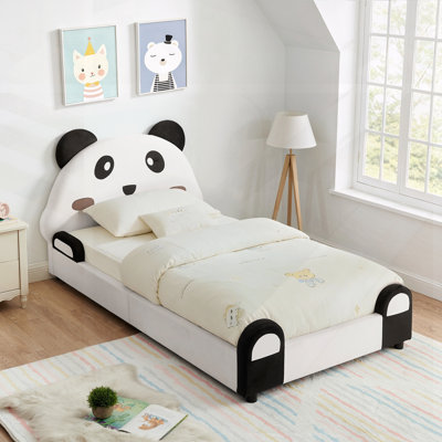 Twin Size Cute Panda-Shaped Bed With Safety Soft Padded Edges, Solid Wood Toddler Bed Frame For Children, Velvet Fabric