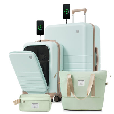Ensemble de 4 valises avec ports de charge USB - 20 po Carry-On (ouverture frontale pour ordinateur portable) Valise à carreaux 28 po avec sac de voyage TSD Lock sac de toilette à sec, adapté aux vacances de voyage / voyages d'affaires / vie sur le Campus