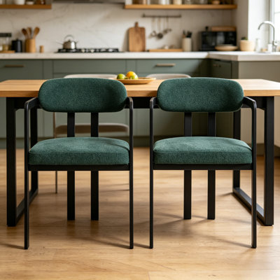 Ensemble de 4 chaises de salle à manger modernes en chenille de style Mid-Century rembourrées avec dossier et pattes antidérapantes en métal noir pour la salle à manger