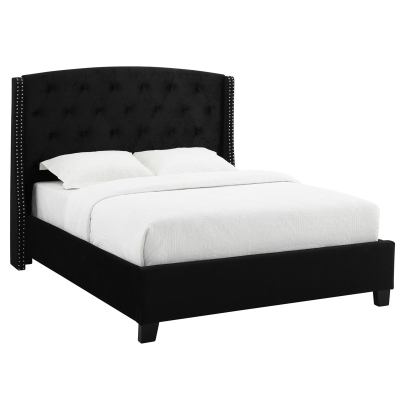 Élégant lit en tissu rembourré avec capitonnage, garniture cloutée et noir chic