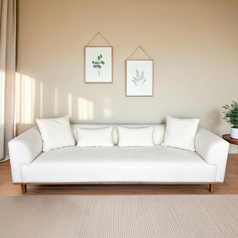 Canapé en velours scandinave Vero avec confort moelleux et base en bois massif, Crème