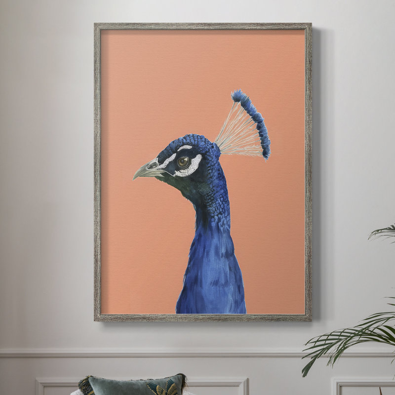 «Peach Peacock Portrait II», reproduction encadrée - bois massif, H 11 po x l 9 po