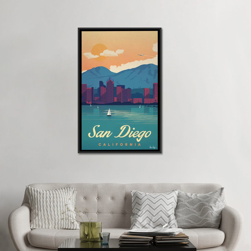 San Diego - impression d'art graphique, H 48 po x l 32 po x P 1,5 po, Toile avec cadre noir, Pas de tapis