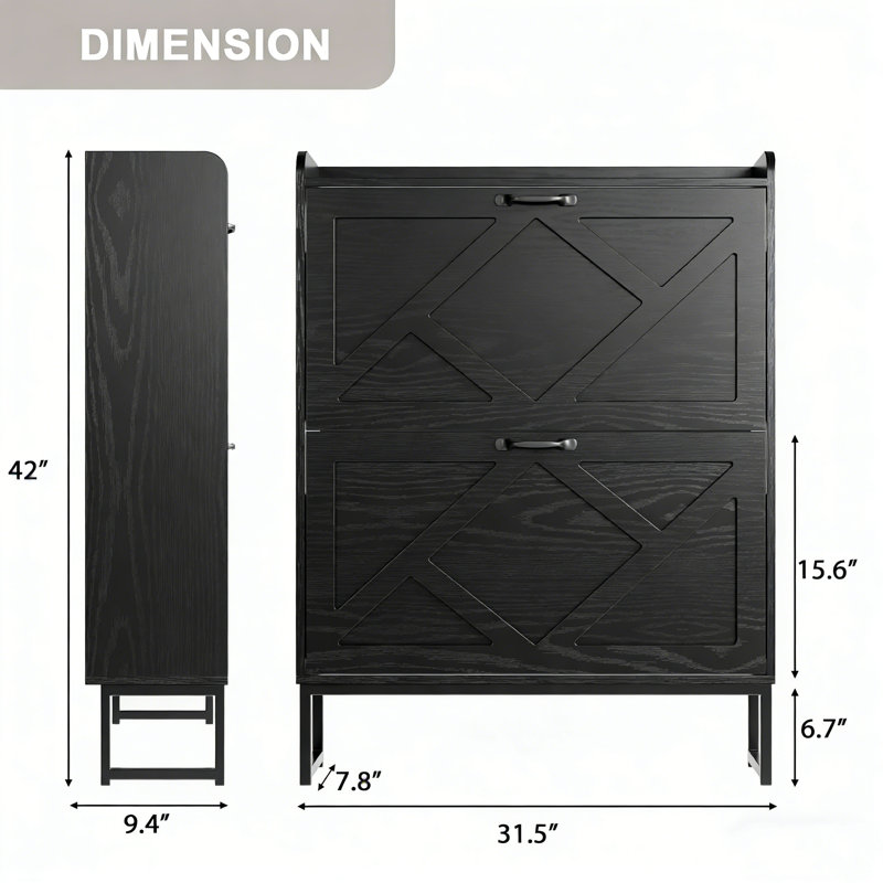 Slim Shoe Cabinet With 2 Flip-Down Drawers, Black