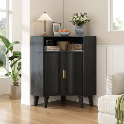 Sliding 2 - Door Corner Accent Cabinet with Open Display Shelf