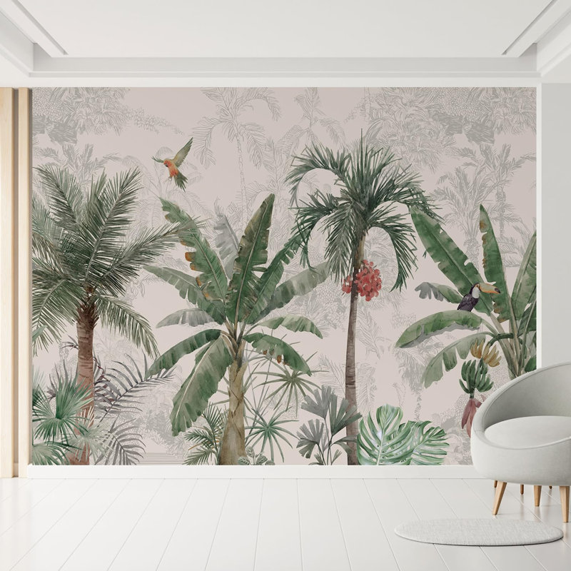 Jungle vibrante colorée avec oiseaux, L 66 po x l 96 po