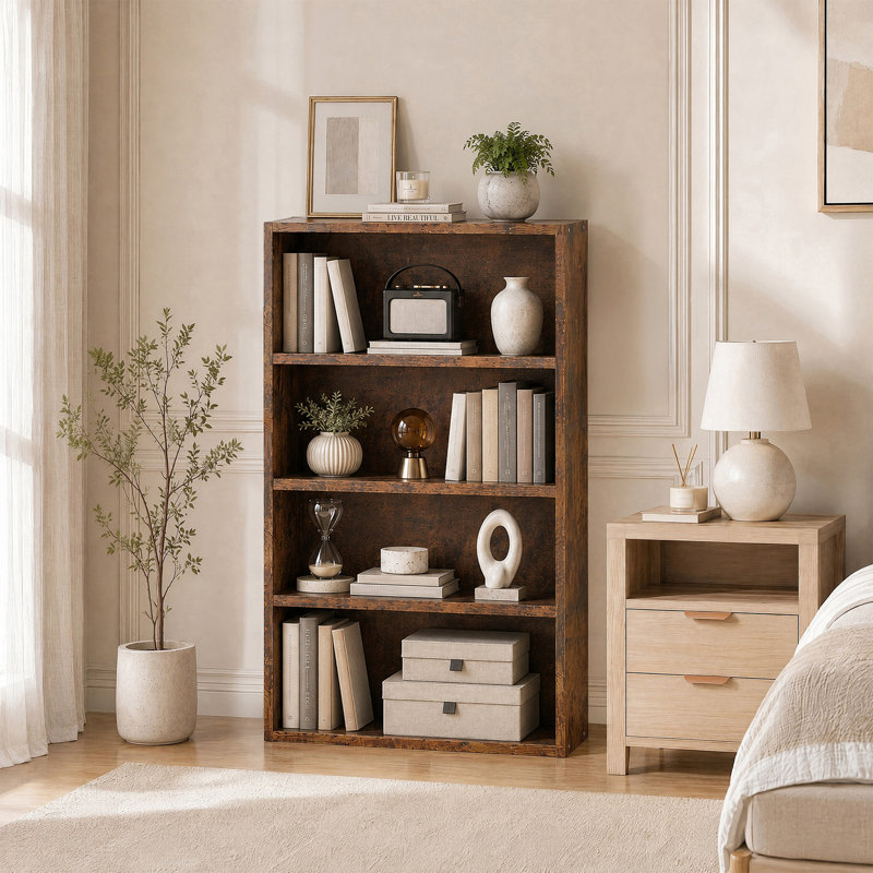 Bibliothèque réglable en bois standard à 4 niveaux, Brun rustique, (4 tablettes) H 42 po x l 23,8 po x P 9,2 po