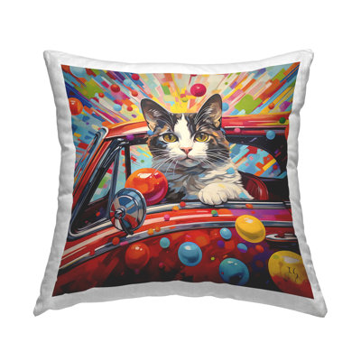 Driving Cat with Bold Pattern Decorative Printed Throw Pillow Design by Ivan Guaderrama