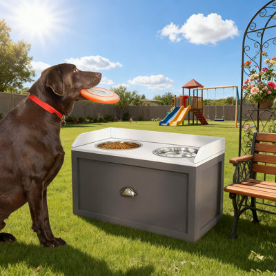 1x Elevated Dog Bowl Feeder Stand For Large Dogs (19.75"-23.5" Shoulder) | Grey , 2l Bowls, 21l Storage Drawer, Anti-neck Strain, Easy Clean | Modern Home Decor Pet Feeding Station