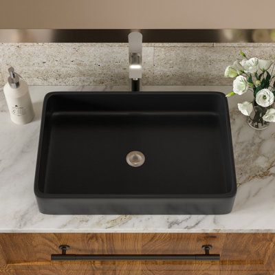 Lavabo de salle de bain vasque moderne en céramique noire 24 po x 16 po - Surface lisse, acide, pour la maison et le bureau, pour les espaces intérieurs et extérieurs