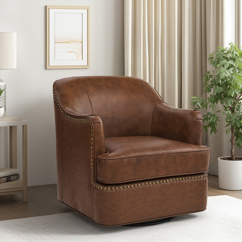 Whitlock Leather Match Swivel Barrel Chair, Brown