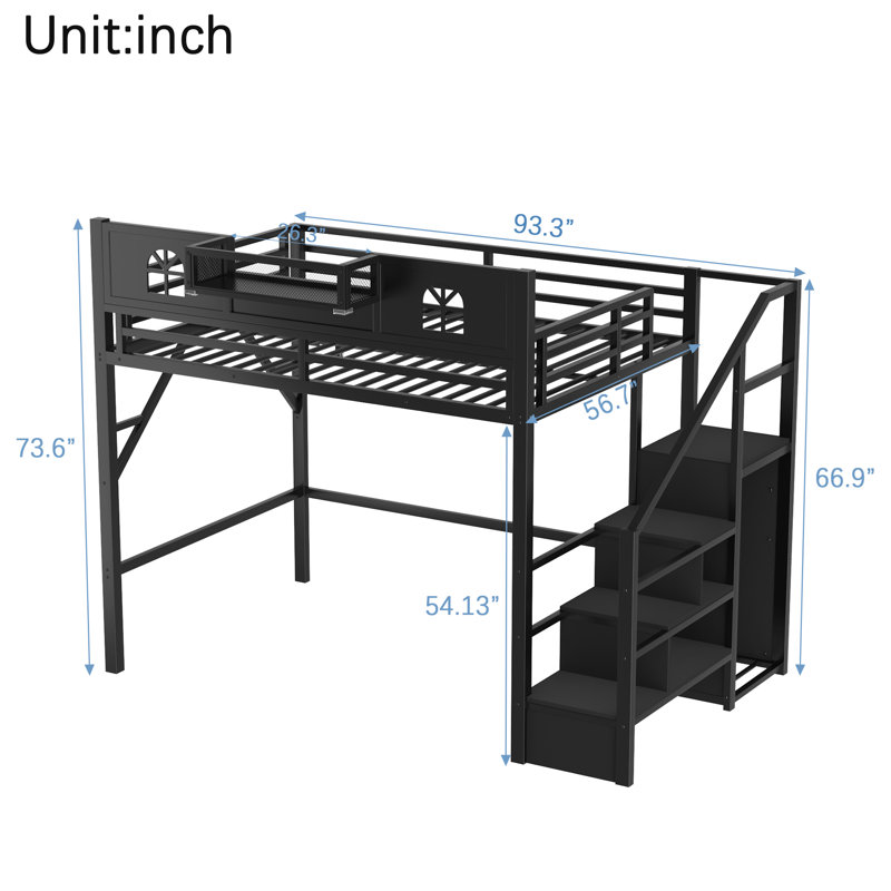Full Size Metal Loft Bed with Stairs, House-Shaped Guardrails and Wardrobe for Kids and Teens, Black, Black, Full