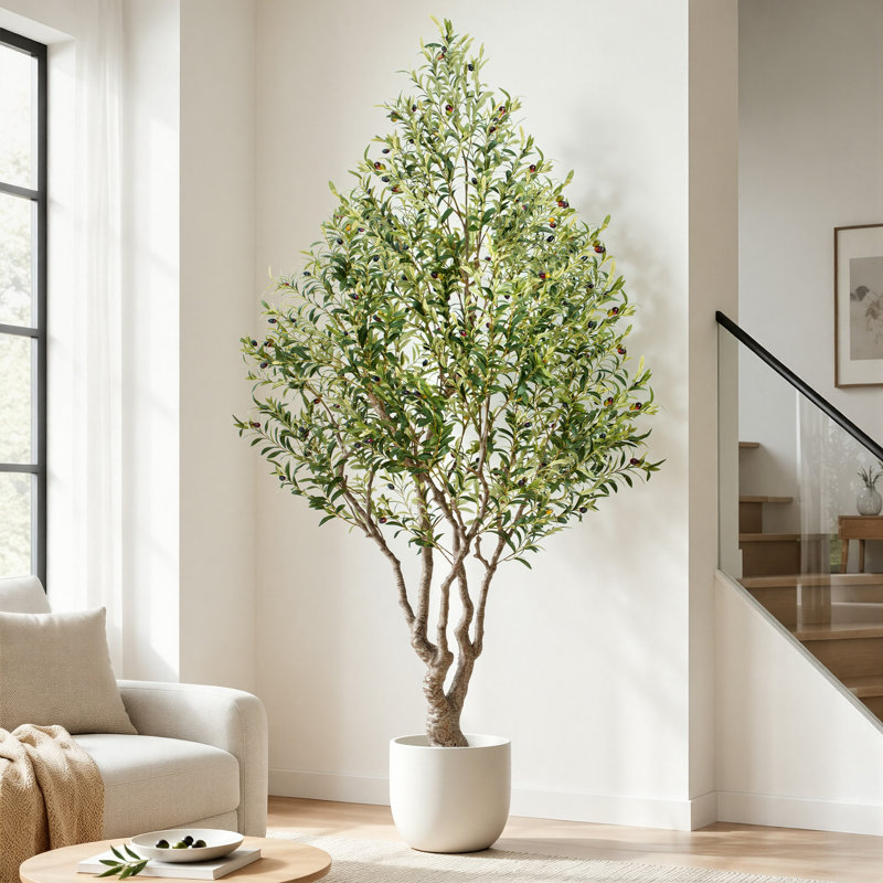 Grand olivier 8 pi - Olive artificielle en ciment noir pour décoration de maison, café et bord de mer Boho, 40 po x 38 po