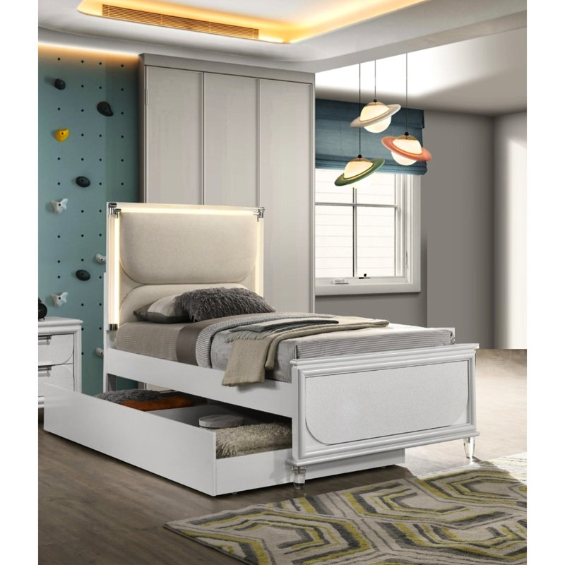 Cadre de lit contemporain blanc perle avec DEL, lit gigogne et panneaux pour la transformation de la chambre à coucher, blanc, cadre de lit, lit gigogne, panneaux, superbe décor