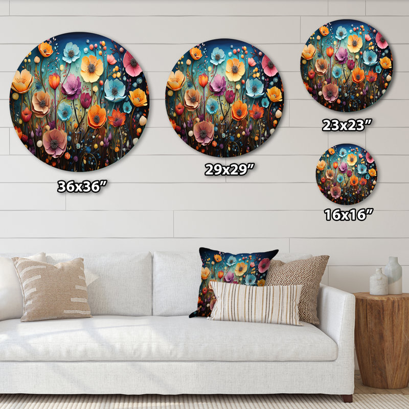 Fleurs colorées et fantaisistes - Art floral rond en métal, H 16 po x l 16 po