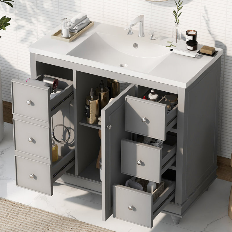 Meuble-lavabo simple 36 po avec plateau en céramique, 4 tiroirs et 1 porte, Gris