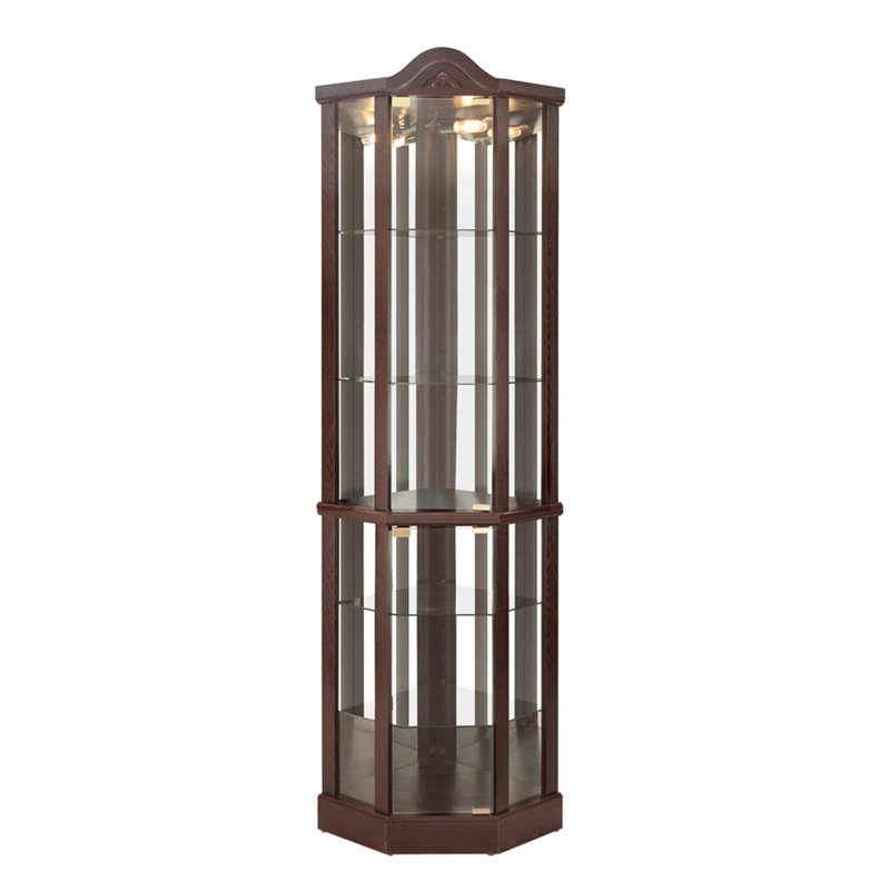 Vitrine lumineuse en verre avec tablettes réglables et décoration sculptée, idéale pour la maison ou le bureau