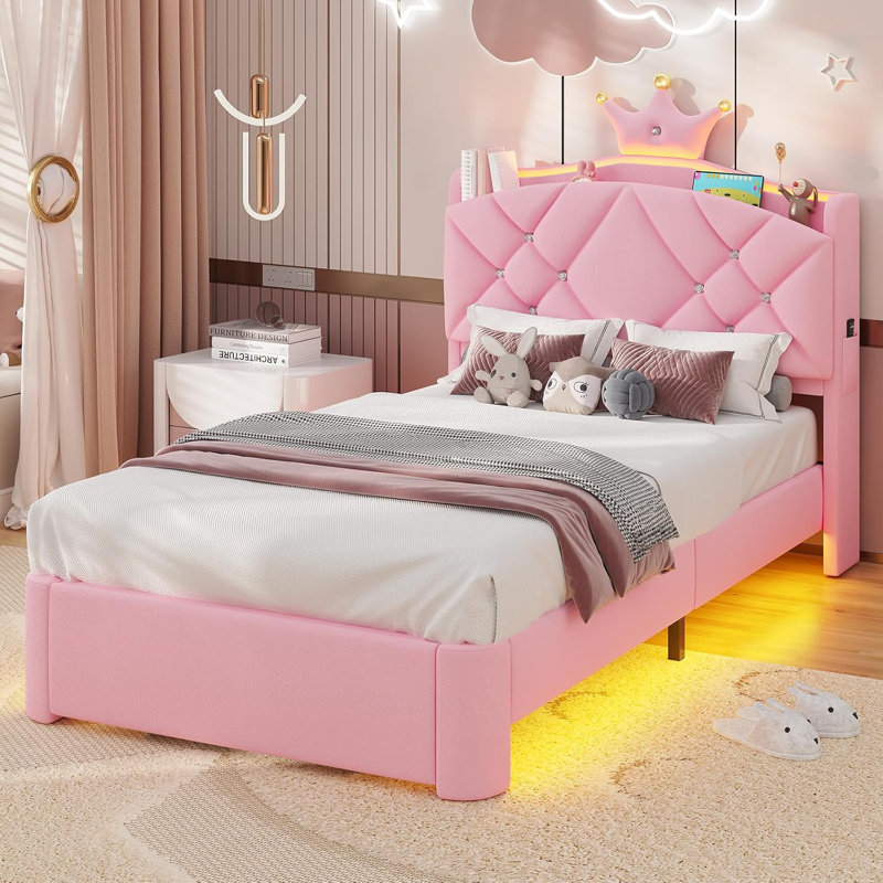 Princess Bed, Upholstered Crown Canopy Bed with Soft Padding, Pink House Bed for Kids Bedroom, Pink, Twin