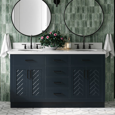 Meuble-lavabo double ovale de chevron 61 po avec comptoir en quartz blanc pur 1,5 po Chevron