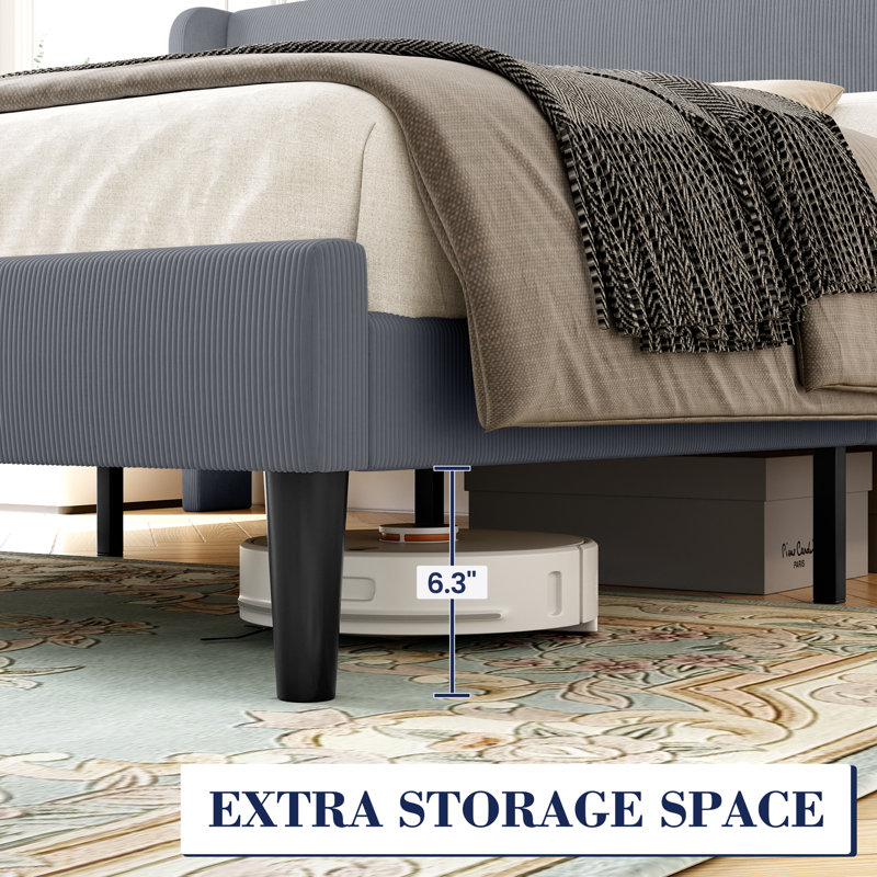 Structure de lit avec tête de lit, lit plateforme tapissier moderne en tissu de lin, sommier, gris, Très grand
