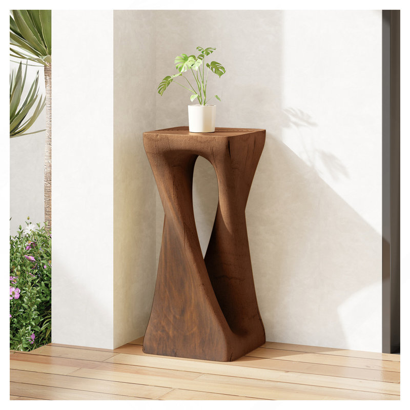 Table d'appoint d'extérieur, table de bout en forme de torsion, table d'appoint décorative, table de tabouret de jardin pour terrasse de balcon, côté piscine, béton léger, texture semblable au bois, couleur brun antique